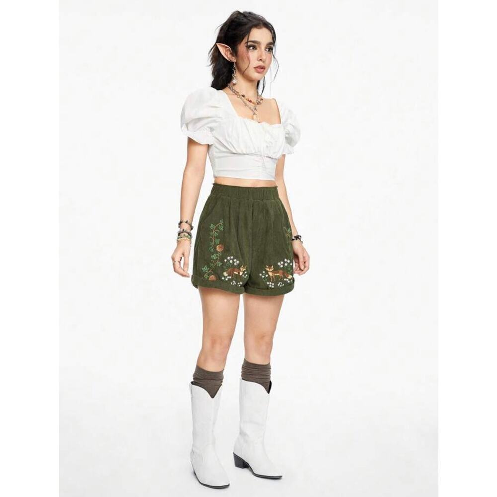 ROMWE Fairycore Green Corduroy Fox Embroidered Shorts Elastic Waist Medium 6 - Picture 2 of 14